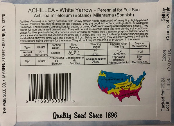 ACHILLEA - WHITE YARROW 250 MG HEIRLOOM NON GMO