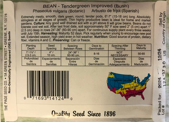 GARDEN BEAN - TENDERGREEN IMPROVED (BUSH) 14G  HEIRLOOM NON GMO
