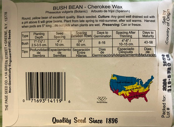 BUSH BEAN - CHEROKEE WAX 14G NON GMO