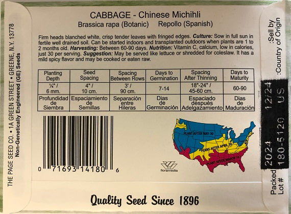 CABBAGE - CHINESE MICHIHLI 2G HEIRLOOM NON GMO