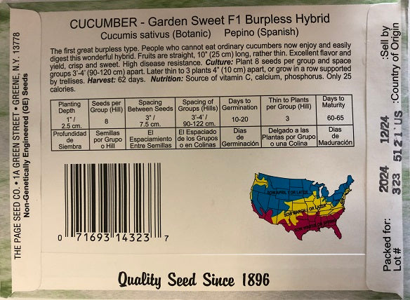 CUCUMBER - GARDEN SWEET F1 BURPLESS HYBRID HEIRLOOM NON GMO
