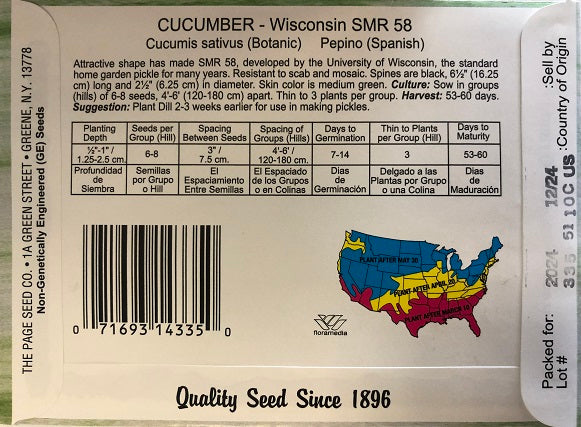 CUCUMBER - WISCONSIN SMR 58 2G HEIRLOOM NON GMO