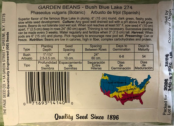 GARDEN BEAN - BUSH BLUE LAKE 274 - 14G HEIRLOOM NON GMO