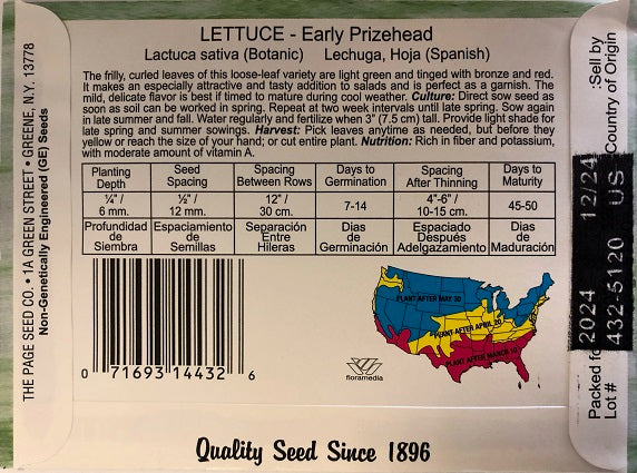 LETTUCE - EARLY PRIZEHEAD 1.5G HEIRLOOM NON GMO
