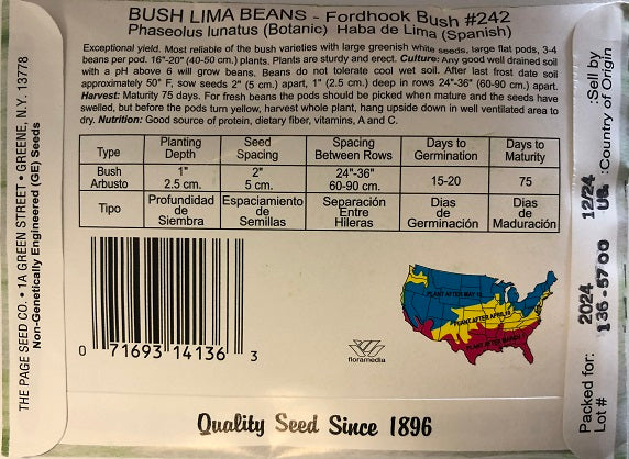 LIMA BEAN - FORDHOOK BUSH #242 14G HEIRLOOM NON GMO