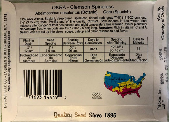 OKRA - CLEMSON SPINELESS 4G HEIRLOOM NON GMO