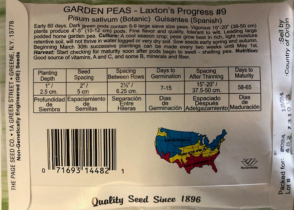 PEAS - LAXTON'S PROGRESS #9 14G HEIRLOOM NON GMO