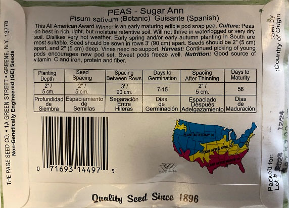 PEAS - SUGAR ANN 14G NON GMO