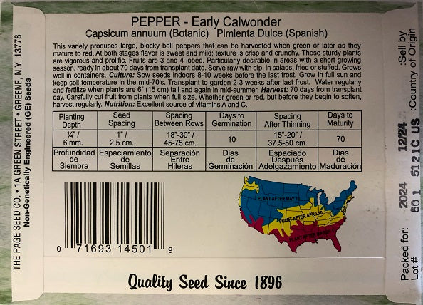 PEPPER - EARLY CAL WONDER 800MG HEIRLOOM NON GMO