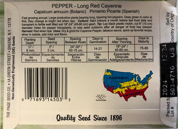 PEPPER - LONG RED CAYENNE 800MG HEIRLOOM NON GMO
