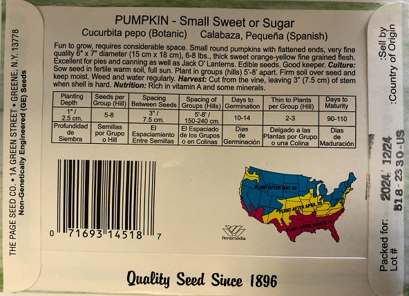 PUMPKIN - SMALL SWEET OR SUGAR 4G HEIRLOOM NON GMO