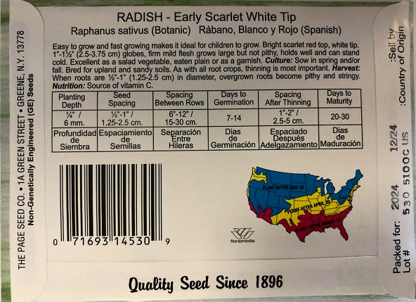 RADISH - EARLY SCARLET WHITE TIP 4G HEIRLOOM NON GMO