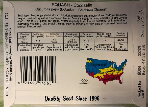 SQUASH - COCOZELLE 4G HEIRLOOM NON GMO