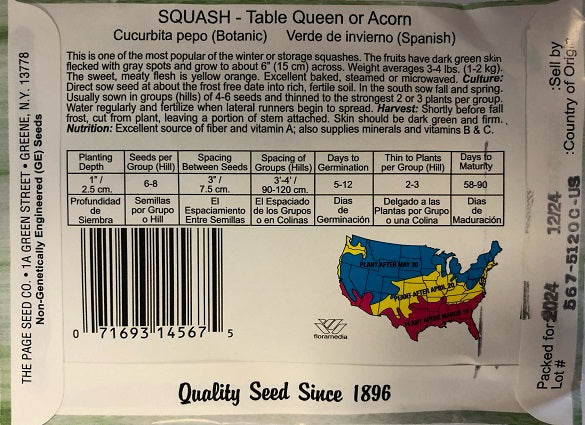 SQUASH - TABLE QUEN OR ACORN 4G HEIRLOOM NON GMO