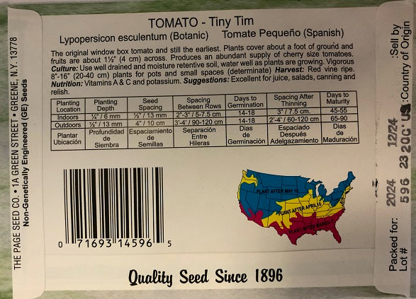 TOMATO TINY TIM 500MG HEIRLOOM NON GMO