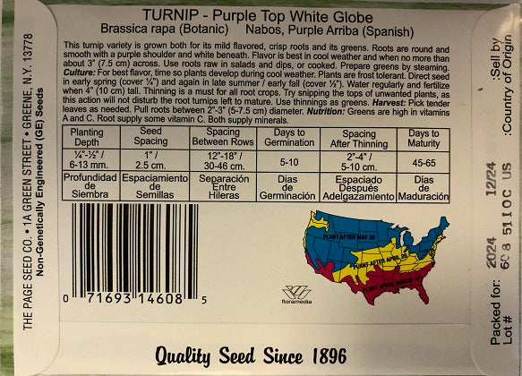 TURNIP - PURPLE TOP WHITE GLOBE 4G HEIRLOOM NON GMO