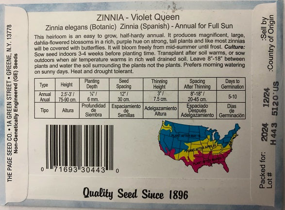 ZINNIA - VIOLET QUEEN 500MG HEIRLOOM NON GMO