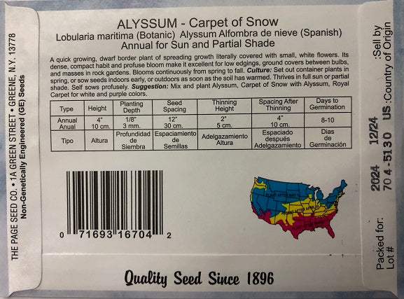 ALYSSUM - CARPET OF SNOW 350 MG HEIRLOOM NON GMO