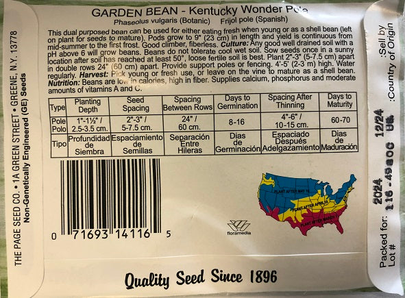 GARDEN BEAN - KENTUCKY WONDER POLE 14G HEIRLOOM NON GMO