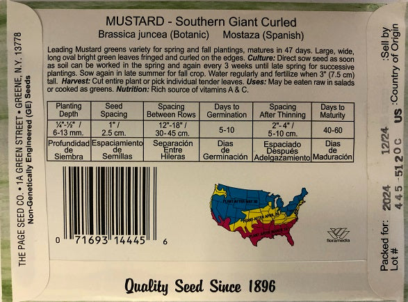 MUSTARD - SOUTHERN GIANT CURLED INDIAN MUSTART 2.5G HEIRLOOM NON GMO