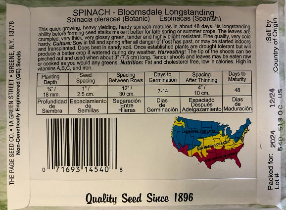 SPINACH - BLOOMSDALE LONGSTANDING 4G HEIRLOOM NON GMO